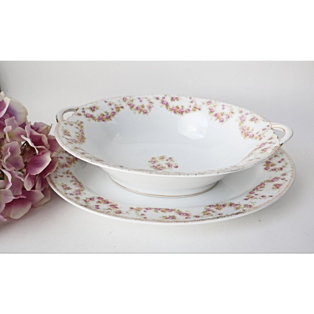 Vintage Porcelain Bridal Rose Serving Bowl & Platter Japan Pink Flowers